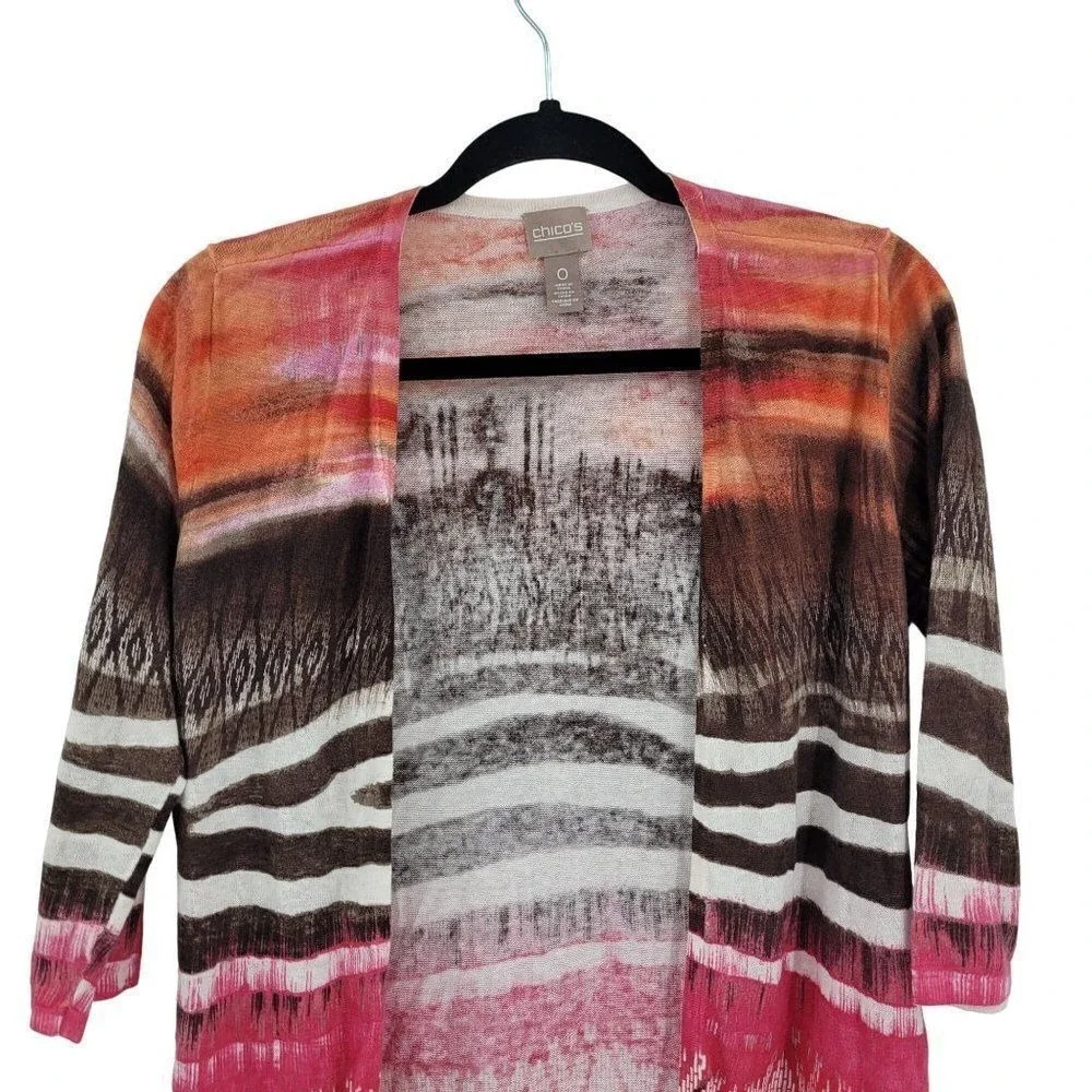 Chico's Tribal Chic‎ Strom Cardigan Sz 0 Pink Linen Open Lightweight Statement